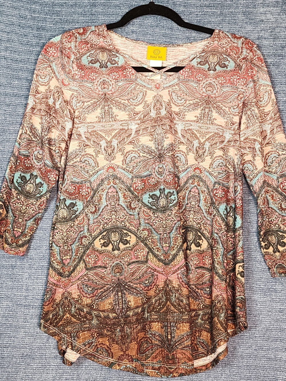 Ruby Rd. Multicolor Paisley Long Sleeve Top in Coral, Aqua & Brown